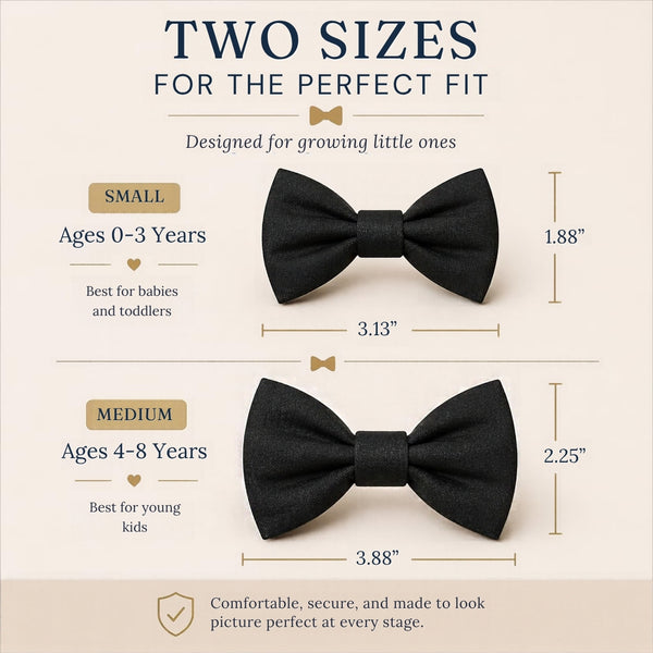 Bow tie size guide: Small fits ages 0–3 (about 3.13 x 1.88 inches), Medium fits ages 4–8 (about 3.88 x 2.25 inches)