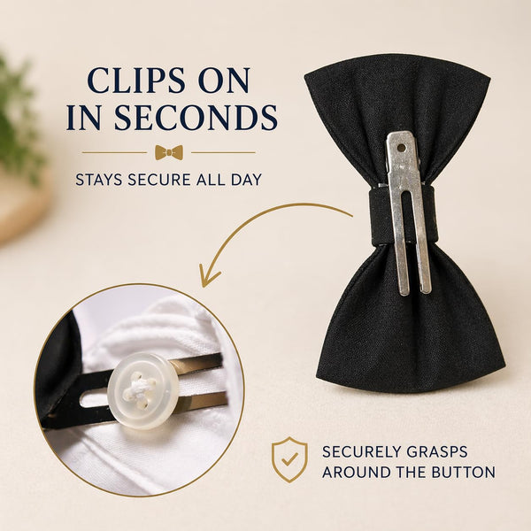 Back of a Baby Bow Tied clip-on bow tie showing the double-prong clip that grasps around the shirt button