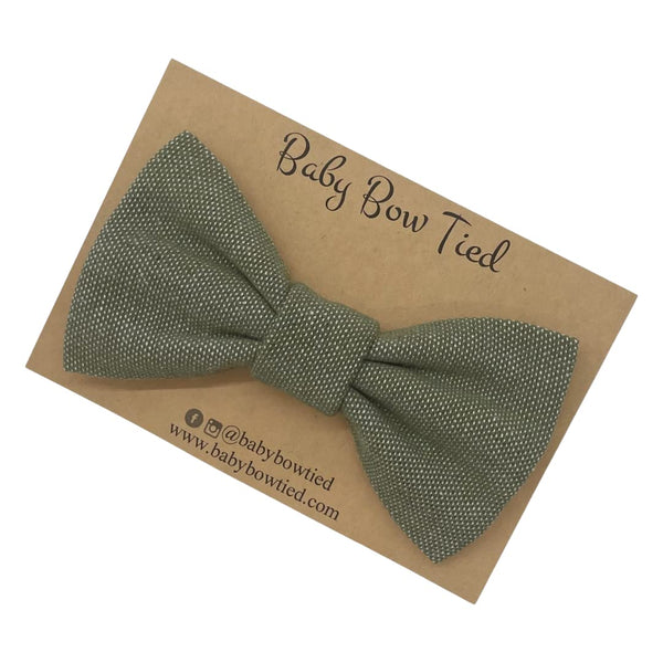 Woven sage clip-on bow tie for babies and boys on a Baby Bow Tied card