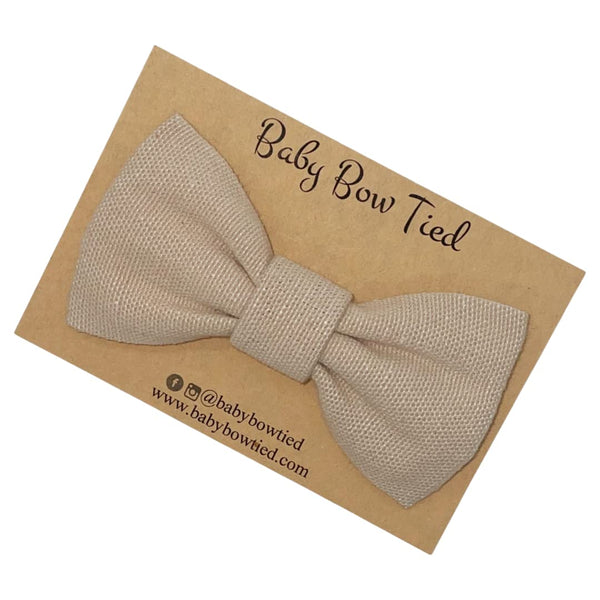 Woven taupe clip-on bow tie for babies and boys on a Baby Bow Tied card