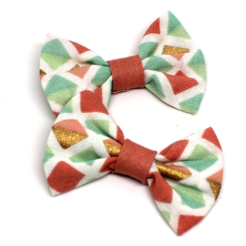 Coral and Turquoise Fabric Pigtail Clips