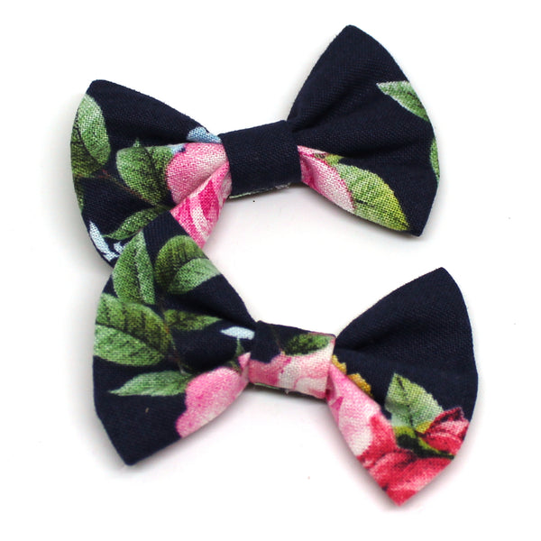 Navy Floral Fabric Pigtail Clips