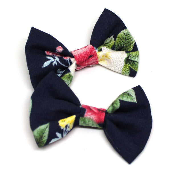 Navy Floral Fabric Pigtail Clips