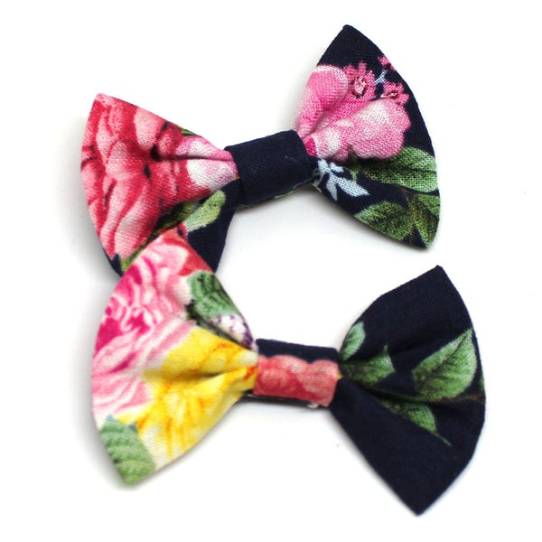 Navy Floral Fabric Pigtail Clips