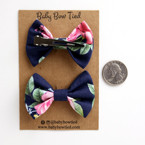 Navy Floral Fabric Pigtail Clips