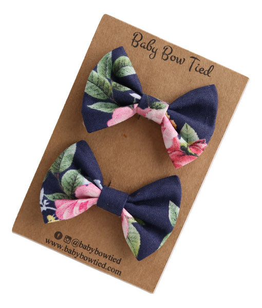 Navy Floral Fabric Pigtail Clips