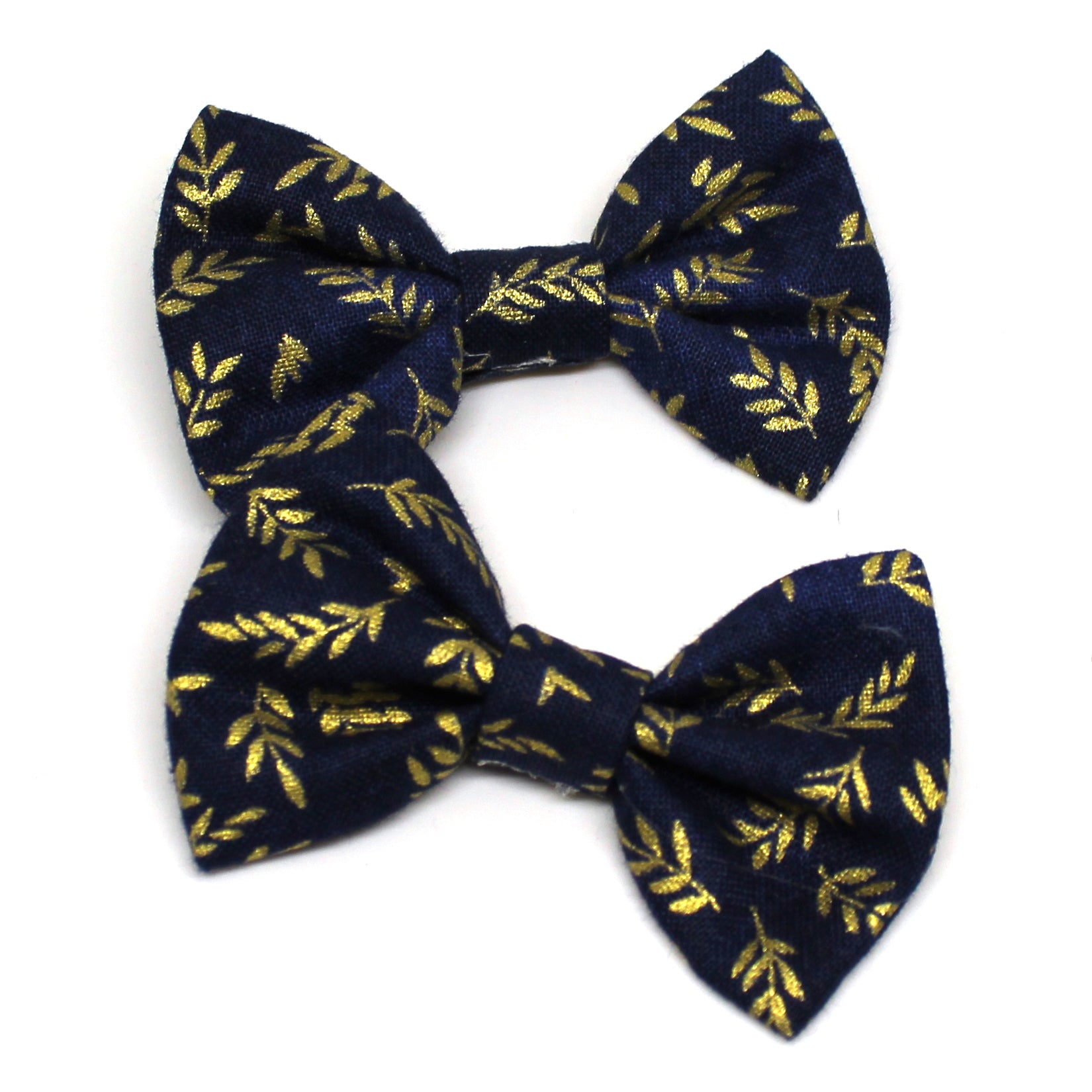 Navy Gold Leaf Fabric Pigtail Clips
