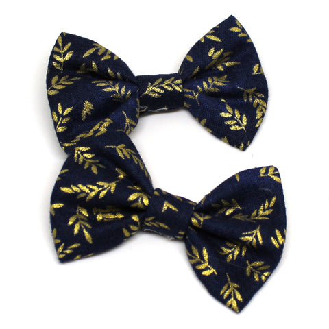 Navy Gold Leaf Fabric Pigtail Clips