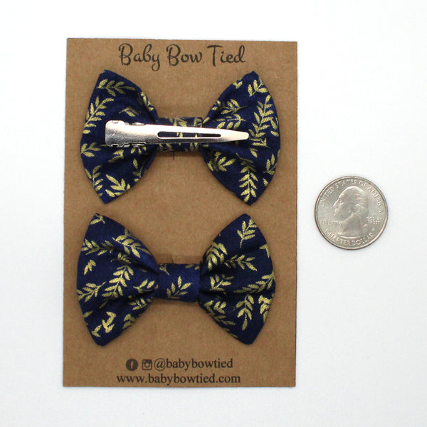 Navy Gold Leaf Fabric Pigtail Clips