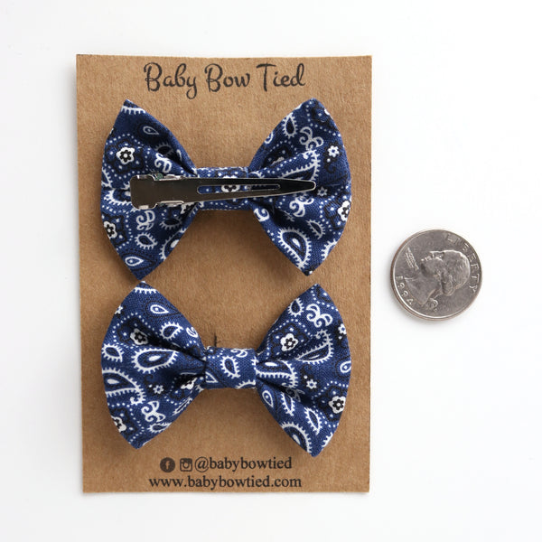 Navy Paisley Fabric Pigtail Clips