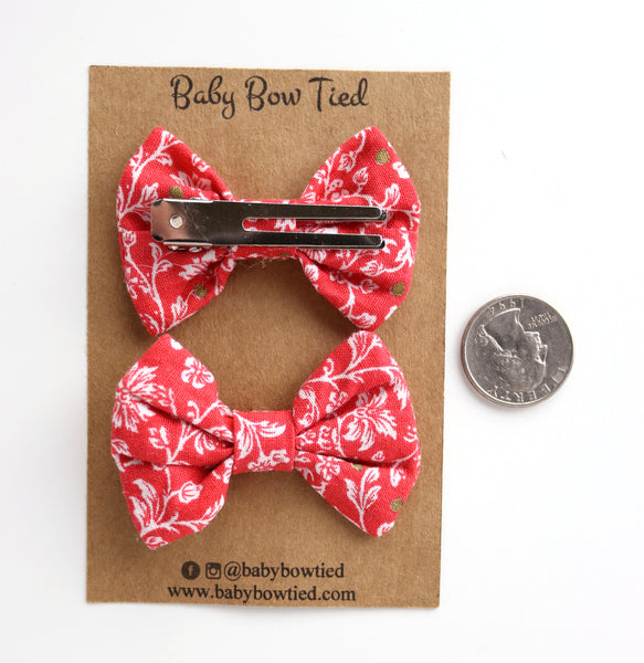 Red Floral Fabric Pigtail Clips