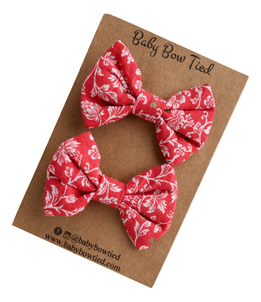 Red Floral Fabric Pigtail Clips