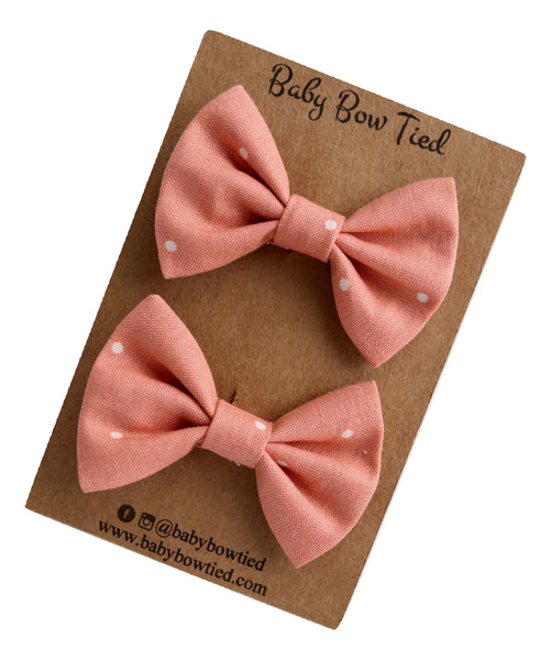 Salmon Polka Dot Fabric Pigtail Clips